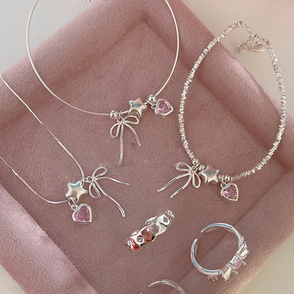 Esterlina Bracelete de Zircônia Coração Amor para Mulheres, Laço Estrelas, Corrente de Osso de Cobra, Joias de Presente