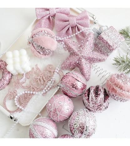 Série Rosa de Enfeites de Natal: Estrelas, Correntes de Contas, Bolas de Espuma, Placas de Nome, Laços, Cogumelos, Pingentes para Árvore de Natal, Decoração Romântica para Casa.