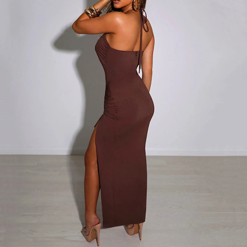 Vestido Preto Sexy de Verão para Mulheres, Sem Mangas, Decotado nas Costas, com Recortes Vazados, Ideal para Festas, com Design Fashion, Amarração Frontal, Estilo Halter, Justo ao Corpo, Elegante