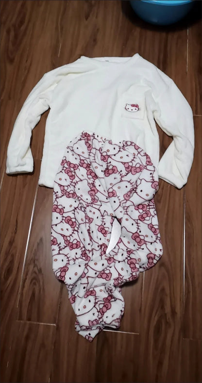 Pijamas Quentes de Cartoon Sanrio Hello Kitty Japonês para Mulheres, Flanela de Inverno, Nova Linha Plus, Aveludada e Espessa, Doce e Aconchegante para Manter o Calor