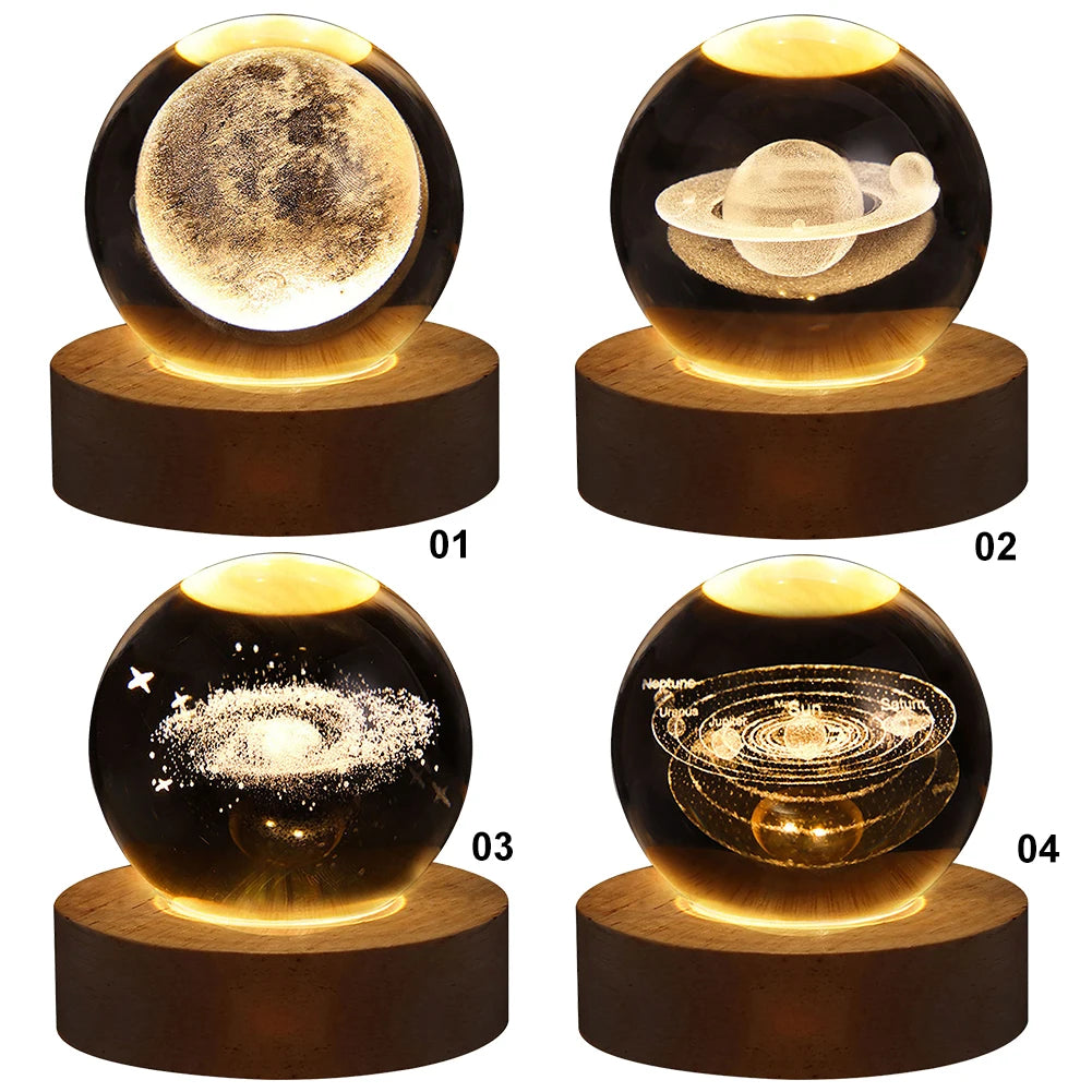 Luminária Esférica de Cristal 3D com Projeções da Galáxia e Planetas, Luz Noturna USB para você
