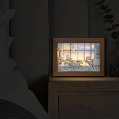 Luz Decorativa de Pintura LED com Conector USB, Luminária de Mesa e Parede com Escurecimento, Presente de Arte Luminosa para Ambientes Internos, Janela de Luz Solar, Foto em Madeira