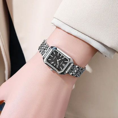 Relógio de Pulso com Pulseira de Aço Inoxidável, Marca Popular de 2024, Relógio de Quartzo Luxuoso para Mulheres, Presente Elegante, Relógio Simples e Moderno em Formato Quadrado para Estudantes.