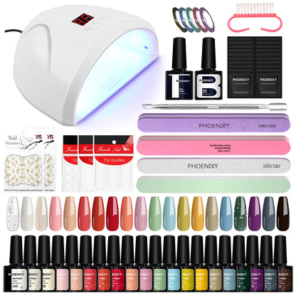 Kit de Unhas Phoenixy Profissional - Conjunto com 20/8 Cores de Gel Polish para Unhas com Lâmpada Secadora de Unhas de 36W e Ferramentas de Design de Unhas - Kit de Unhas Semi-permanente