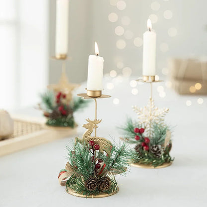 Decoração de Natal - Castiçais de Ferro Forjado Dourado com Pêndulos de Neve e Renas - Enfeites de Natal para o Natal e Ano Novo 2025
