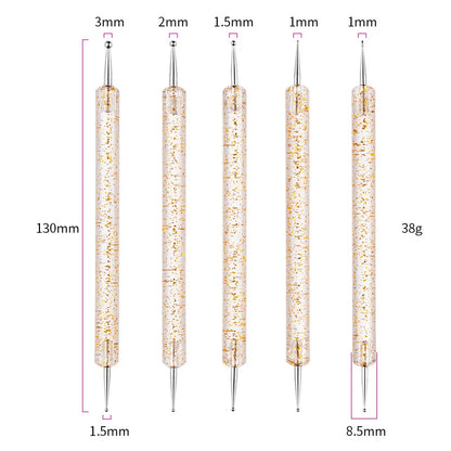 Kit Profissional de Pincéis para Nail Art com 5 Peças: Clássico, Acrílico, para Linhas, Pontilhado e Desenho, com Cabo de Plástico para Design de Manicure.