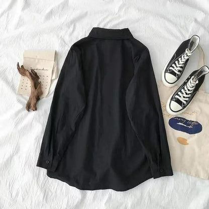 Camisa Casual Feminina  Camisa de Manga Longa, Gola Virada, Botões, Estilo Harajuku, Solta e Confortável