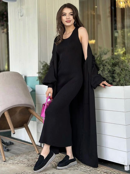 Conjunto de Tricô Feminino de Alta Qualidade, Cor Sólida, Jaqueta Cardigã Longa e Solta de Manga Longa + Vestido Sem Mangas, Conjunto Casual de Duas Peças.