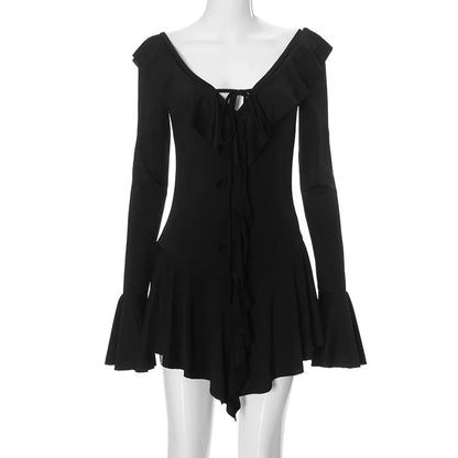 Vestido Branco com Decote em V Profundo e Babados para Mulheres, com Mangas Longas e Amplas. Moda de Outono, Ideal para Festas na Praia. Vestido Curto Feminino, Sexy e Justo.”