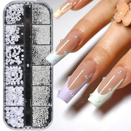 Acessórios para Unhas - Conjunto de Pérolas Falsas e Contas para Nail Art - Kit de Decoração DIY Estilo Ins para Design Deslumbrante - Caixa com 12 Compartimentos para Mulheres