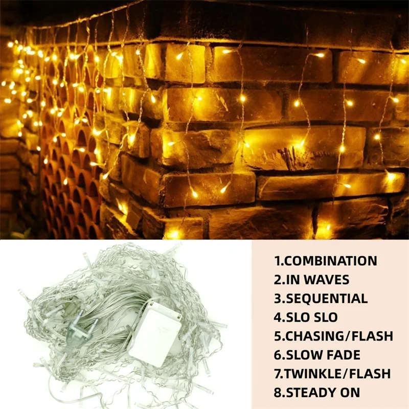 Cascata de Luzes de Natal para Decoração Externa, 5M de Comprimento com Queda de 0,4-0,6m, Cortina de Luzes LED, Fio de Luzes para Festas, Jardim e Beirais.