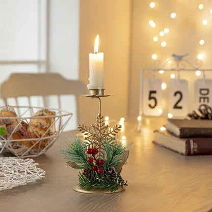 Decoração de Natal - Castiçais de Ferro Forjado Dourado com Pêndulos de Neve e Renas - Enfeites de Natal para o Natal e Ano Novo 2025