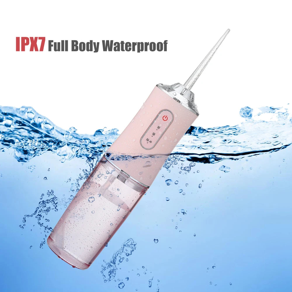 Irrigador Oral Portátil, Floss Dental com Jato de Água Recarregável por USB, 4 Pontas de Jato, 220ml, 3 Modos, IPX7, 1400rpm.