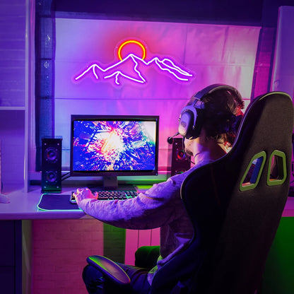 Letreiro de Neon LED Montanha e Sol, Lâmpada de Luzes Neon USB LED, Decoração de Parede para Casa, Quarto Infantil, Bar,